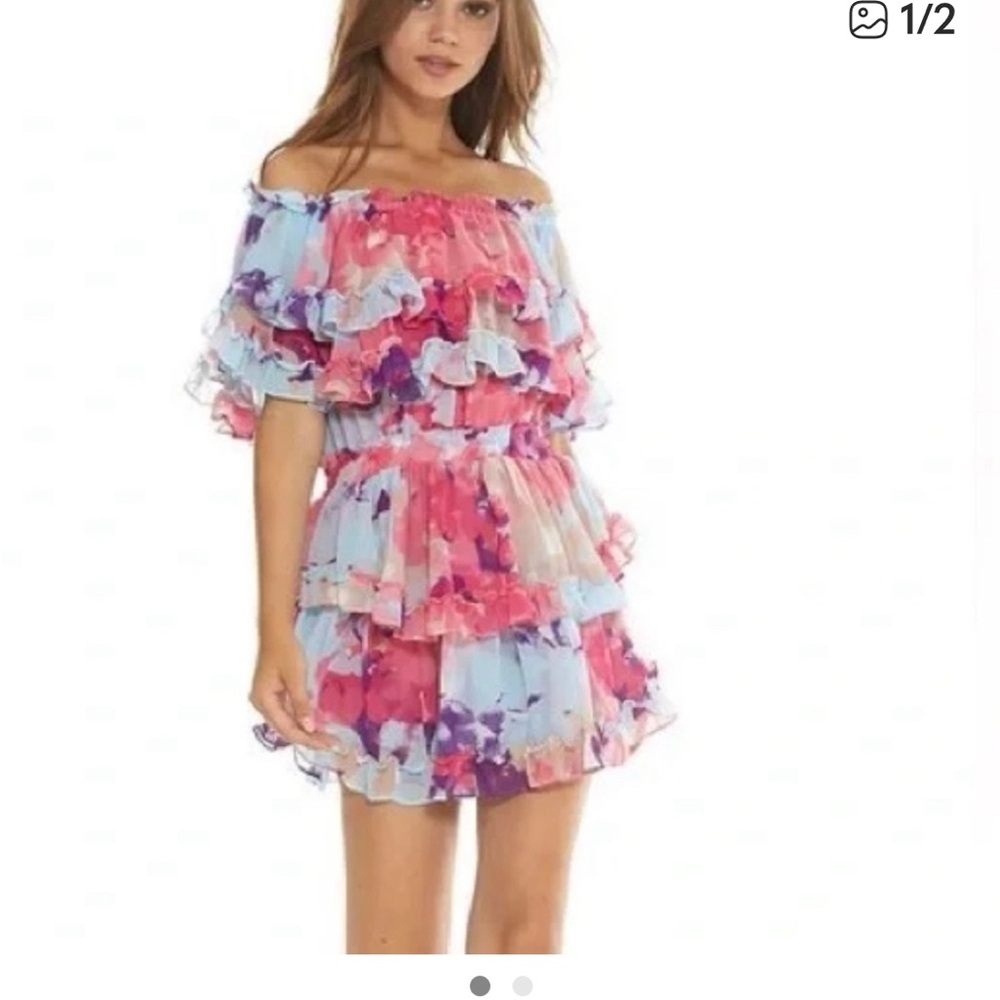 Misa Los Angeles Pink, Coral & Purple Floral Off-Shoulder Dress
